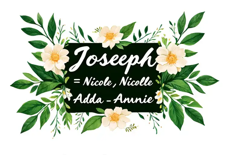 "Joseph • Nicole • Ada • Annie" green leaves with dainty flowers tattoo design idea