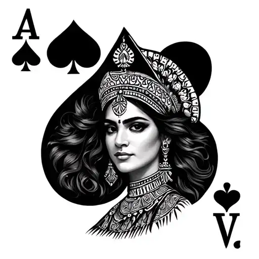 queen of spades with indian patterns symbolizing the client's love for black men and also clients indian traditionalroot tattoo design idea