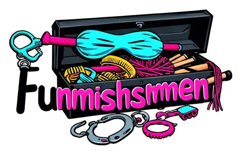 "Funnishment" "Funnishment" open black toy box with handcuffs, floggers, canes, in it. on it blindfold and French tickler toy tattoo design idea