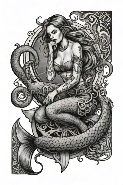 A mermaid sitting on a sea anchor surrounded tattoo design idea