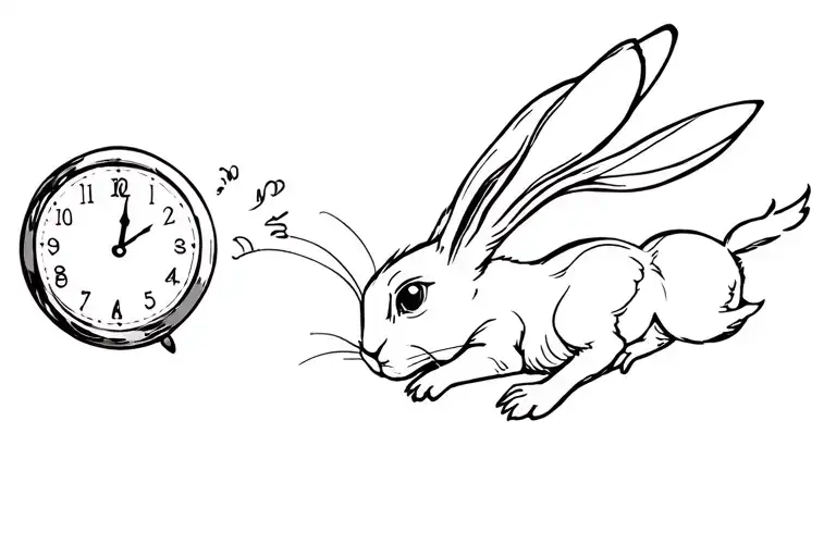 A minimalist black line tattoo design of a rabbit chasing a clock, symbolizing time slipping away, ultra clean style, si tattoo design idea
