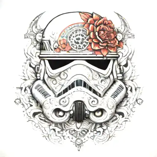 storm trooper helmet with mandala designs with an ohm symbol over the mouth and third eye on forehead tattoo design idea