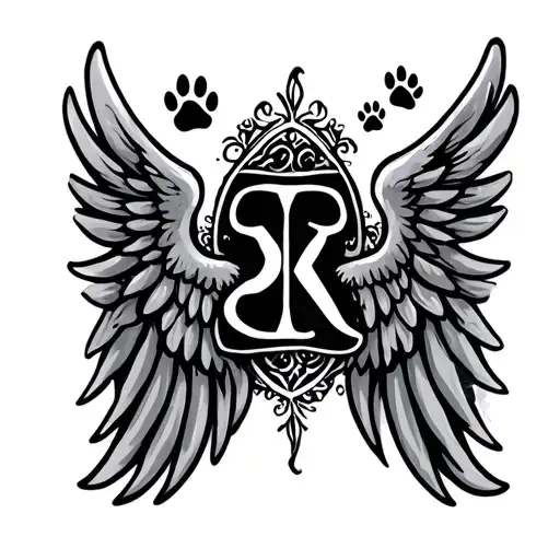 wings and initial and paw prints for shoulder tattoo design idea