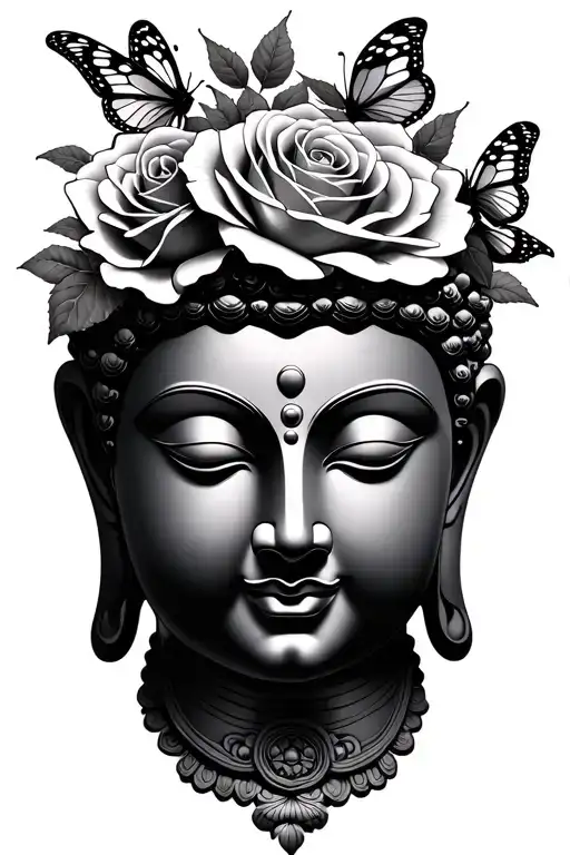 Buddha with roses and butterflies tattoo design idea