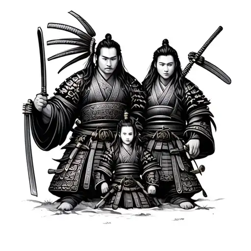 Black and White Samurai Family tattoo design idea