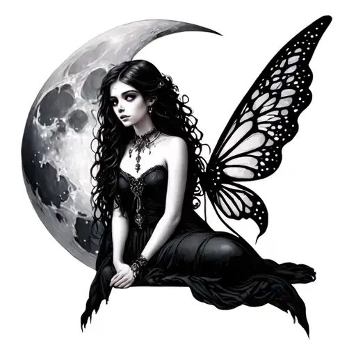 Moon, with a Gothic fairy sitting tattoo design idea