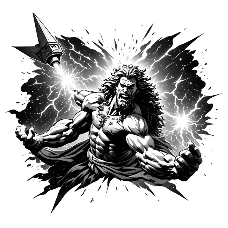 Furious Zeus hurling a bolt into darkness, stars shattering as thunder rips through space behind him tattoo design idea