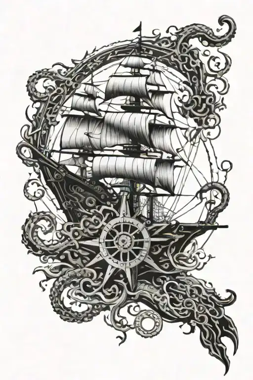 Kraken on one side of the hand, so that the tentacles go over the fingers. On the other side, a ship/compass tattoo design idea