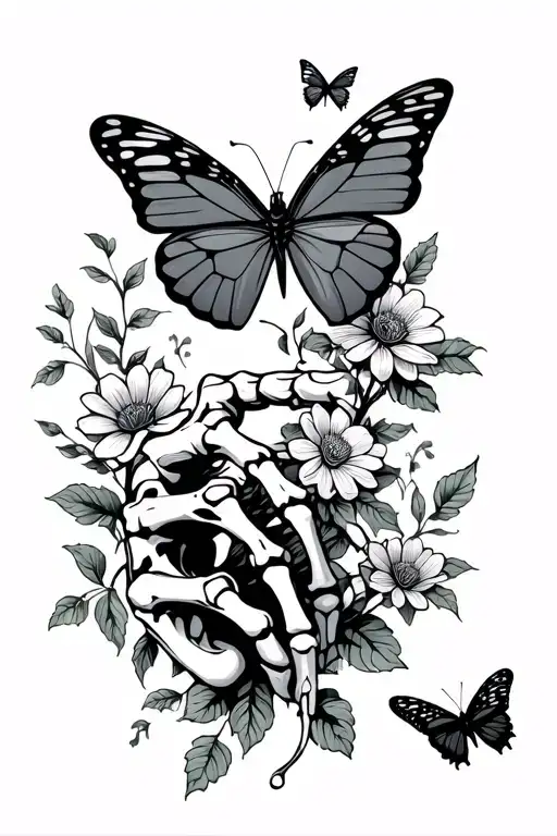 a skeleton hand holding a butterfly on the tip of its finger with flowers and vines with two other butterflies flying tattoo design idea