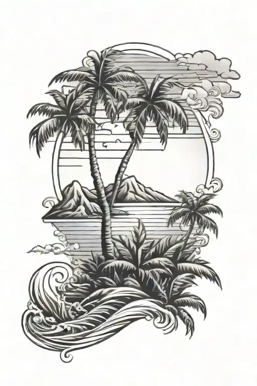 island palm tree waves sunset scene tattoo design idea