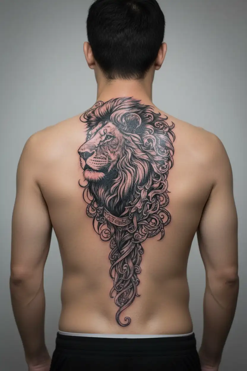 Lion with patience word tattoo design idea