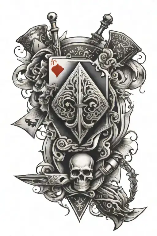 A tattoo design combining a deck of playing cards with various weapons, symbolizing luck and strength in battle tattoo design idea