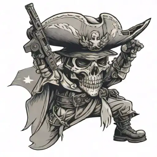 mexican skeleton soldier with mustache carrying gun in american uniform with Texas flag tattoo design idea