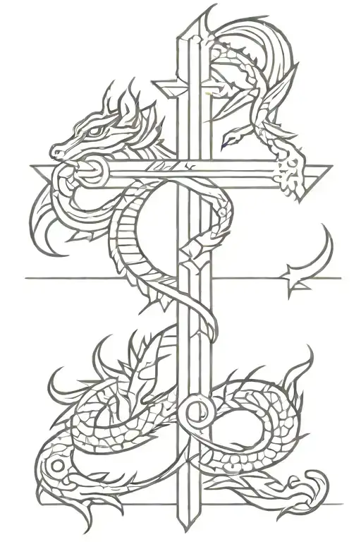 small cross with Aztec dragon wrapped tattoo design idea