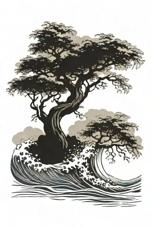 bodhi tree in wave crashing tattoo design idea