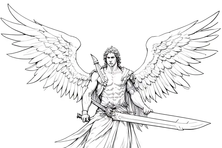 archangel Michael with wide spread wings head on view with aggression and sword tattoo design idea
