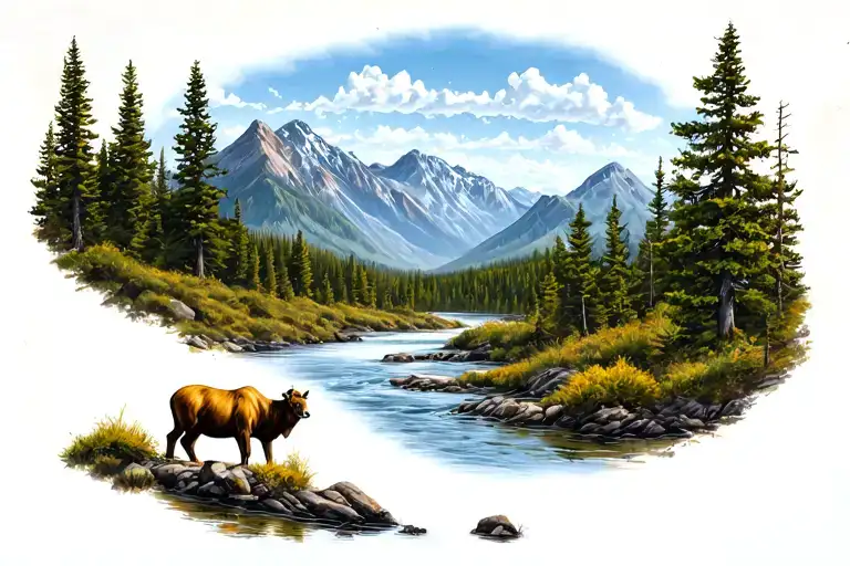 realistic idaho tattoo featuring wildlife, trees, mountains, river tattoo design idea