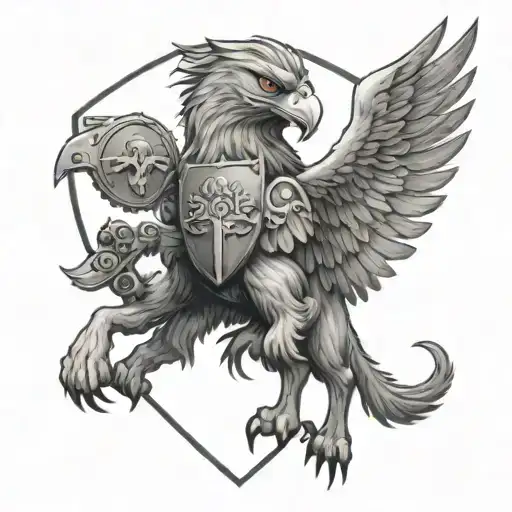 Griffin with shield in a meadow tattoo design idea
