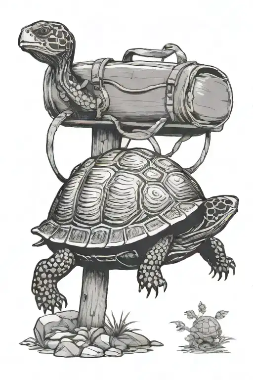 A black-grey tattoo of a vintage backpack with a box turtle motif, paying homage to the adventures taken while hiking on the Sheltowee Trace trail tattoo design idea