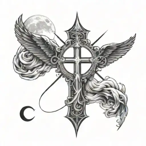 a cross of Jesus Christ with wings and the moon in the background tattoo design idea