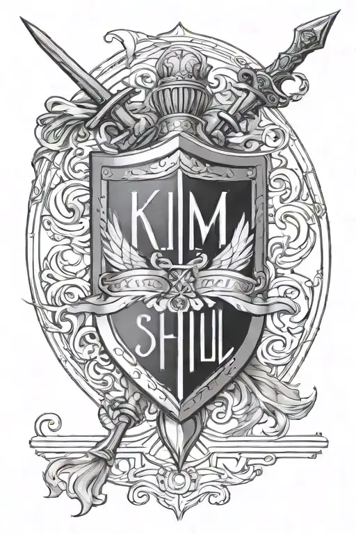 Square Shield, with a sword, Roman words for perseverance, love, family Roman numerals for 19th April all within a shiel tattoo design idea