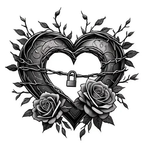 a heart shape among barb wire and lock and roses  tattoo design idea