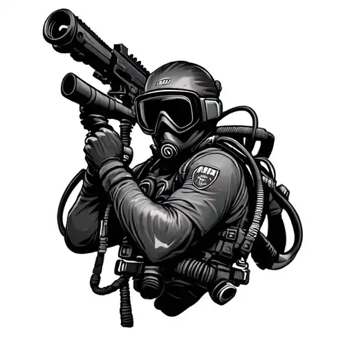 scuba diver with a modern weapon. high-quality detail lines. tattoo design idea