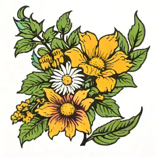 violets, daisy, aster, chrysanthemum flower tattoo design idea