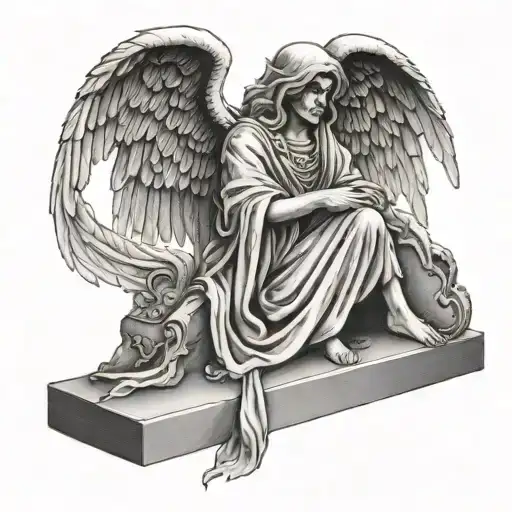 angel of death sitting on a tombstone tattoo design idea
