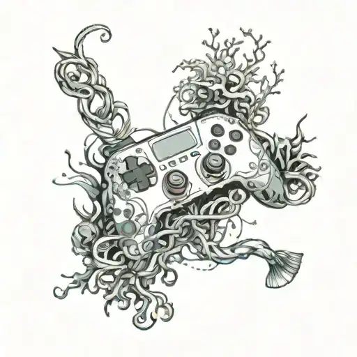An underwater scene featuring a gaming controller tangled in seaweed, surrounded by marine life tattoo design idea