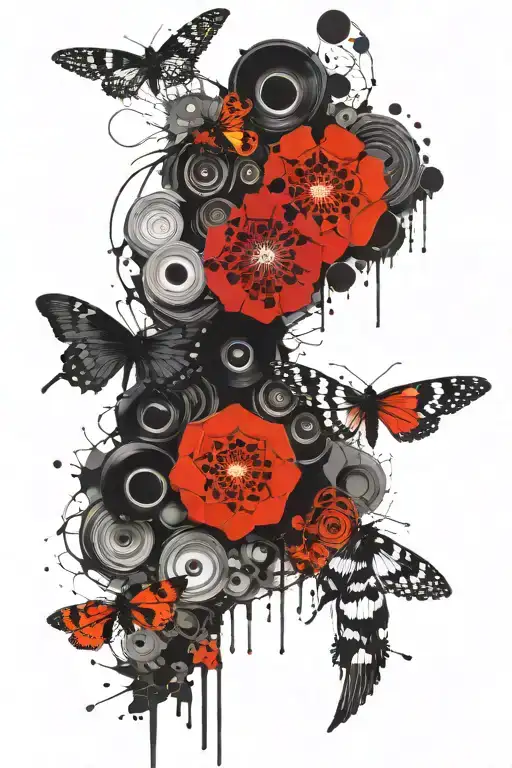 I want a tattoo on my right forearm in a trash polka style with a honeycomb grid enso circle halftone dots twisted in a  tattoo design idea