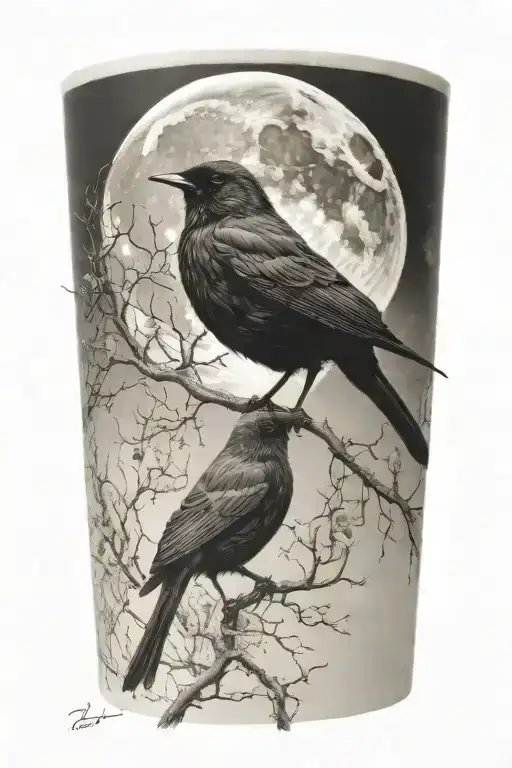 realistic moon and blackbird, urban tattoo design idea