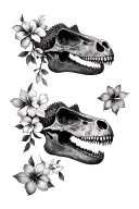 2 brachiosaurus skulls with sweet pea flowers and a  tyrannosaurus rex skull with honeysuckle flower triceratop with as tattoo design idea