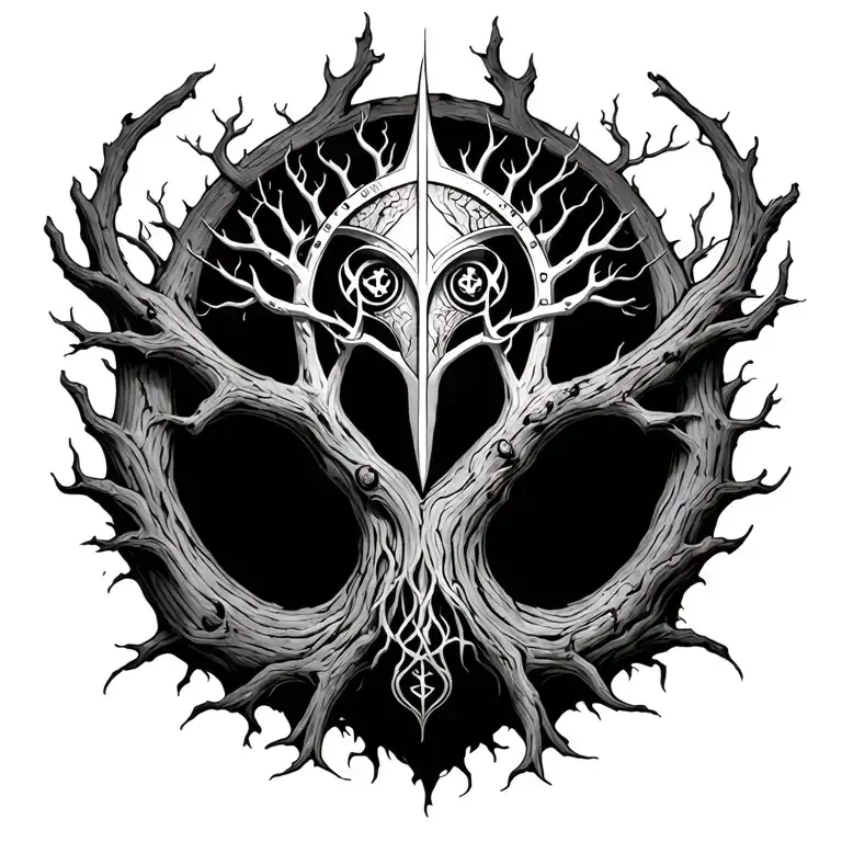 Yggdrasil world tree with helm of awe incorporated into the trunk bark tattoo design idea