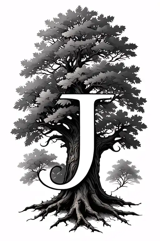 Oak Tree with J in cursive tattoo design idea