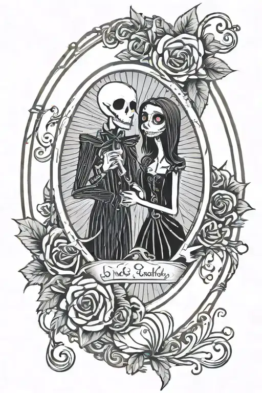 Jack and Sally holding hands in oval vintage frame tattoo design idea
