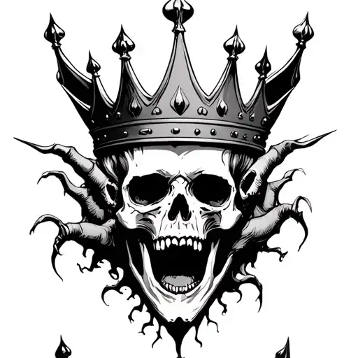 skull with crown on head with jaw wide open demonic things comjng out of mouth tattoo design idea