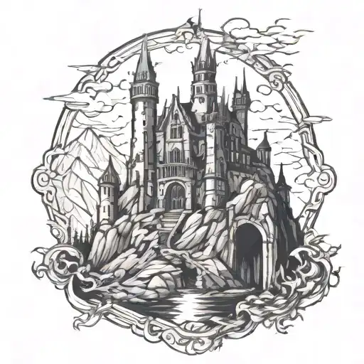 castle overlooking mountains tattoo design idea