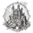 castle overlooking mountains tattoo design idea