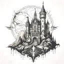 castle overlooking mountains tattoo design idea