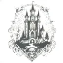 castle overlooking mountains tattoo design idea