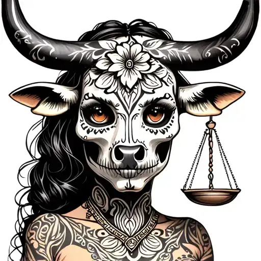 woman body bull with sugar skull markings, brown eyes and two Libra scales with extra dark background tattoo design idea
