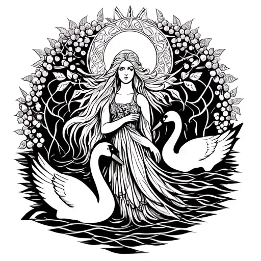 fair haired Celtic Goddess, Aine. surrounded by Swans, rowan berries and the sun tattoo design idea