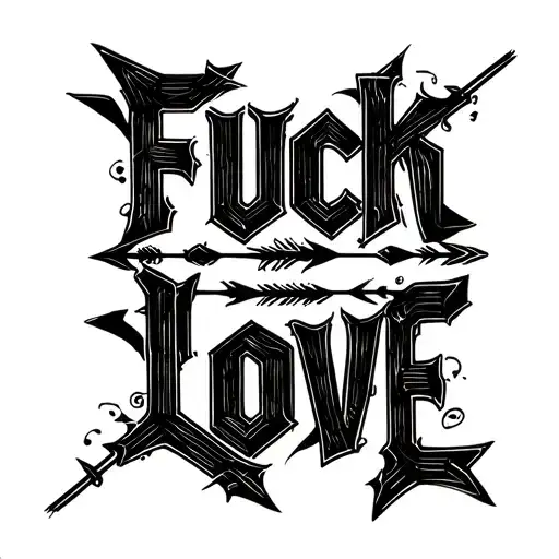 "FUCK LOVE"  Letters woven together with sharp arrows and complex overlapping, highly stylized and almost unreadable tattoo design idea