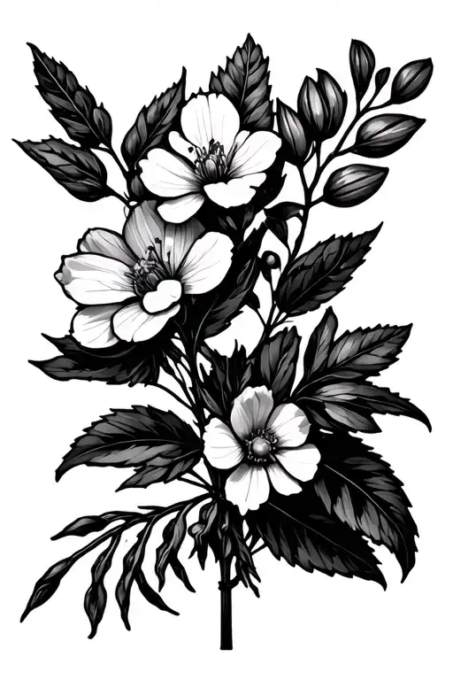 A bouquet of hibbertia, kangaroo paw, and eucalyptus flowers tattoo design idea