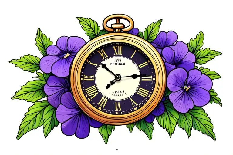 timepiece + African violet flowers tattoo design idea