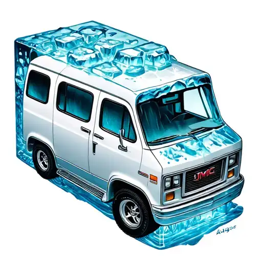 A tattoo design of an icecube with a white GMC Safari Van inside of it tattoo design idea