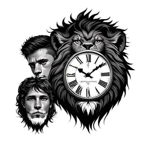 lion face tattoo clock with father and son tattoo design idea