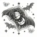 Twin bats ouija board planchette spelling moon backdrop spiderwebs tattoo design idea
