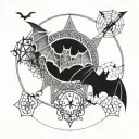 Twin bats ouija board planchette spelling moon backdrop spiderwebs tattoo design idea